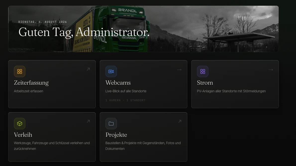 Brandl Portal — Dashboard mit Zeiterfassung, Webcams, Strom, Verleih und Projekten