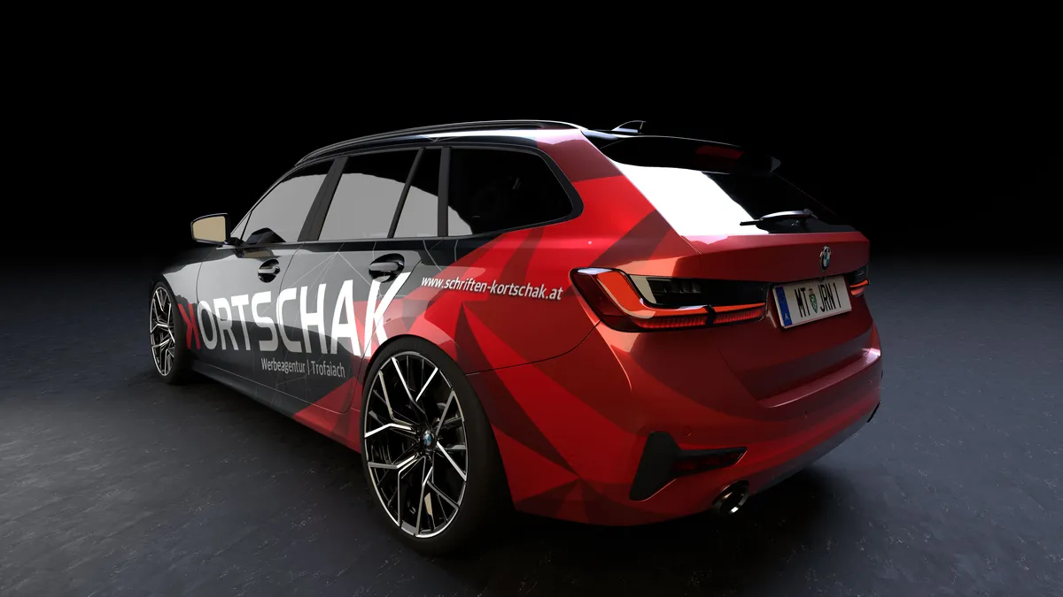 BMW mit ORTSCHAK-Branding – Car-Wrapping Design-Visualisierung